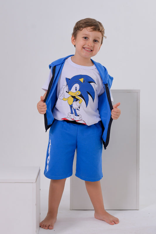 Conjunto Moletinho Infantil Menino 3 Peças com Capuz - Jaqueta, Camiseta e Bermuda