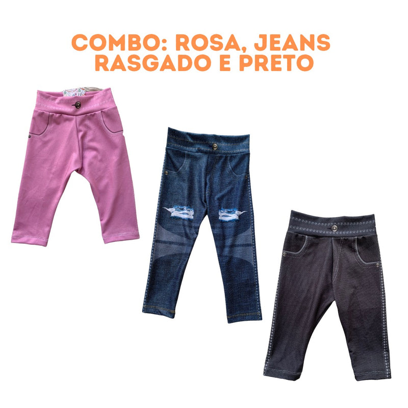 PROMO! Kit 3 Calças jeans fake infantil unissex