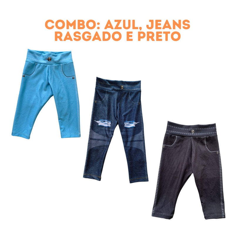 PROMO! Kit 3 Calças jeans fake infantil unissex