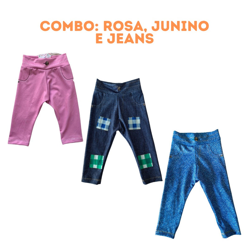 PROMO! Kit 3 Calças jeans fake infantil unissex