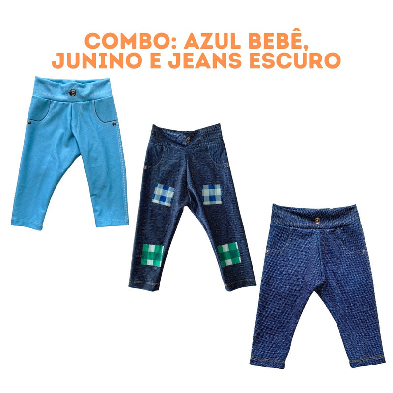 PROMO! Kit 3 Calças jeans fake infantil unissex