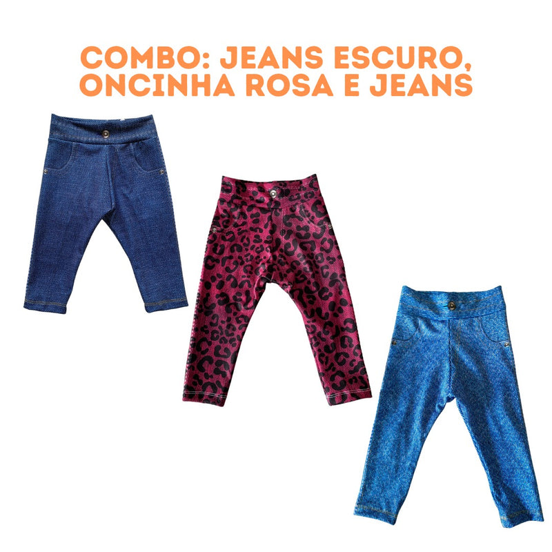 PROMO! Kit 3 Calças jeans fake infantil unissex