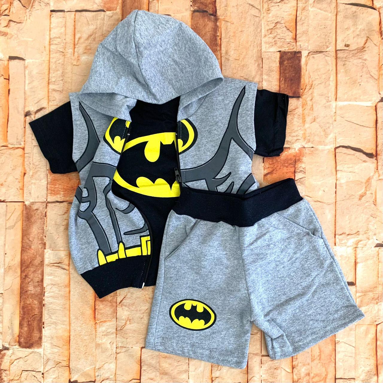 Conjunto Moletinho Infantil Menino 3 Peças com Capuz - Jaqueta, Camiseta e Bermuda