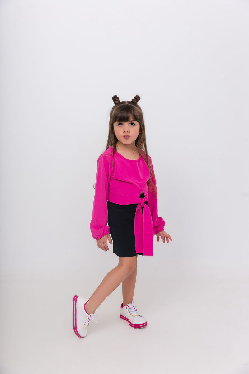 Conjunto Short Preto + Manga Longa Rosa - Menina