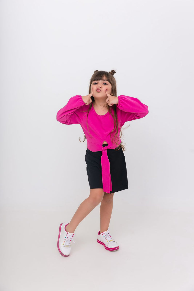 Conjunto Short Preto + Manga Longa Rosa - Menina
