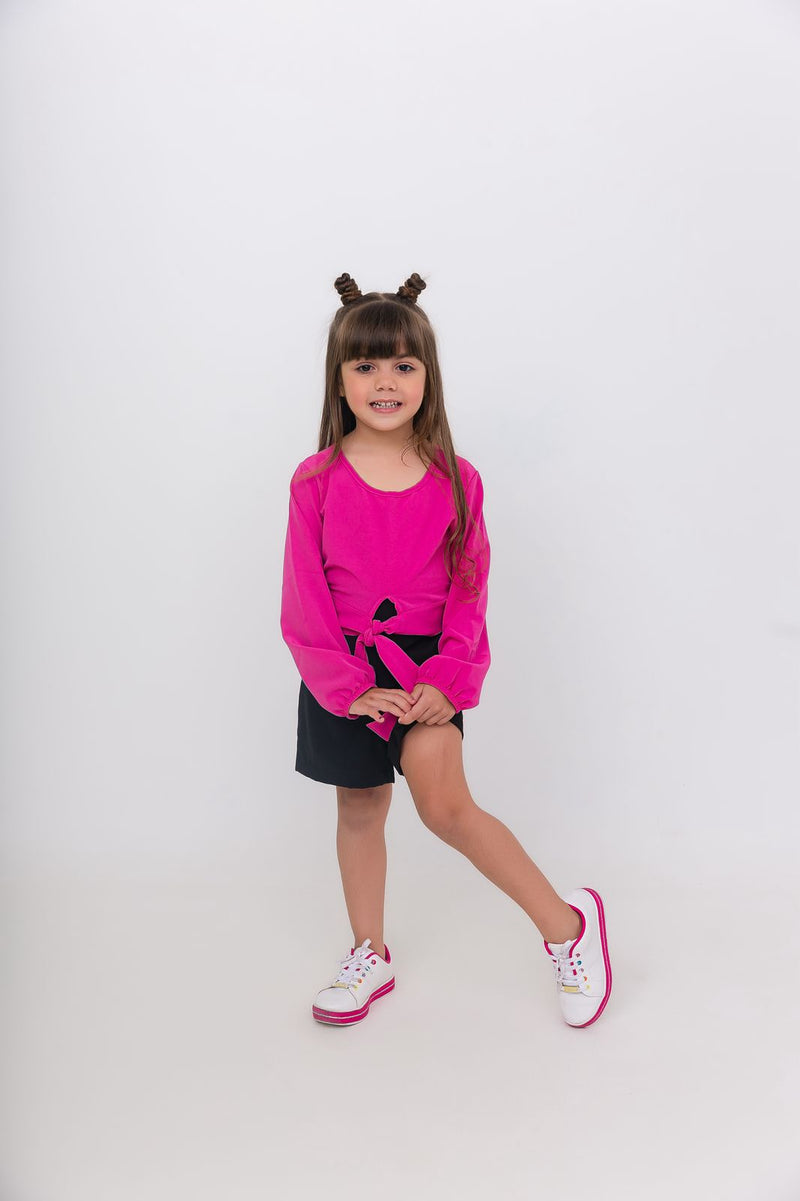 Conjunto Short Preto + Manga Longa Rosa - Menina