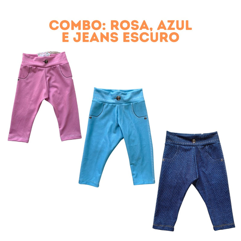 PROMO! Kit 3 Calças jeans fake infantil unissex