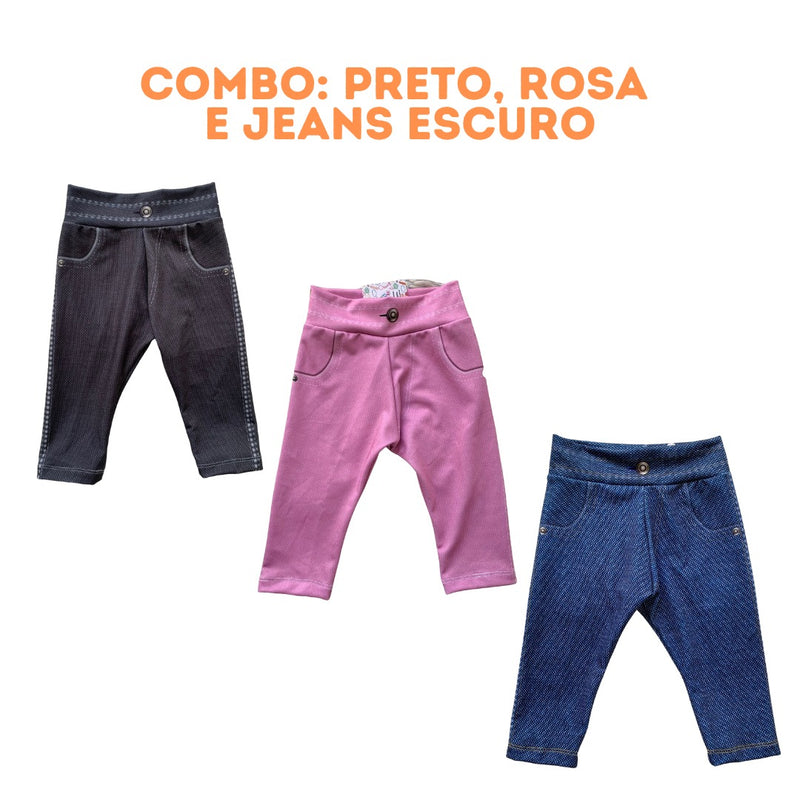 PROMO! Kit 3 Calças jeans fake infantil unissex